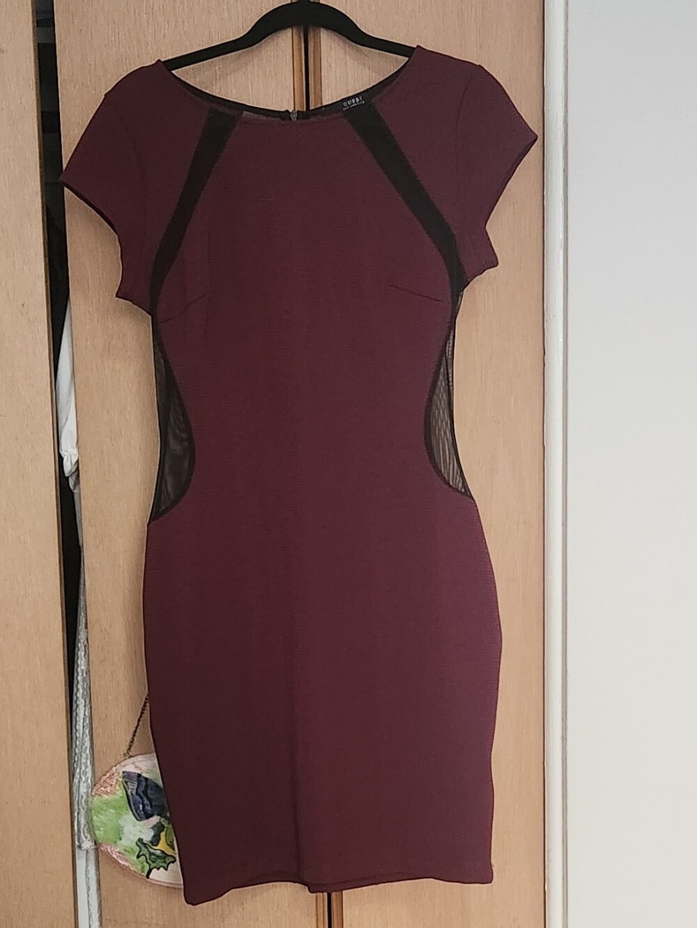 Guess Burgundy Bodycon Dress with Black Mesh Insets